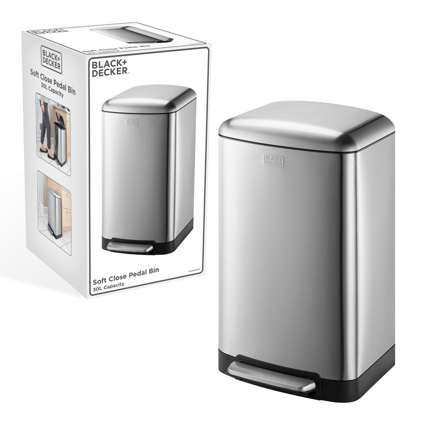 30L Stainless Steel Pedal Bin with Soft Close Lid, by BLACK + DECKER