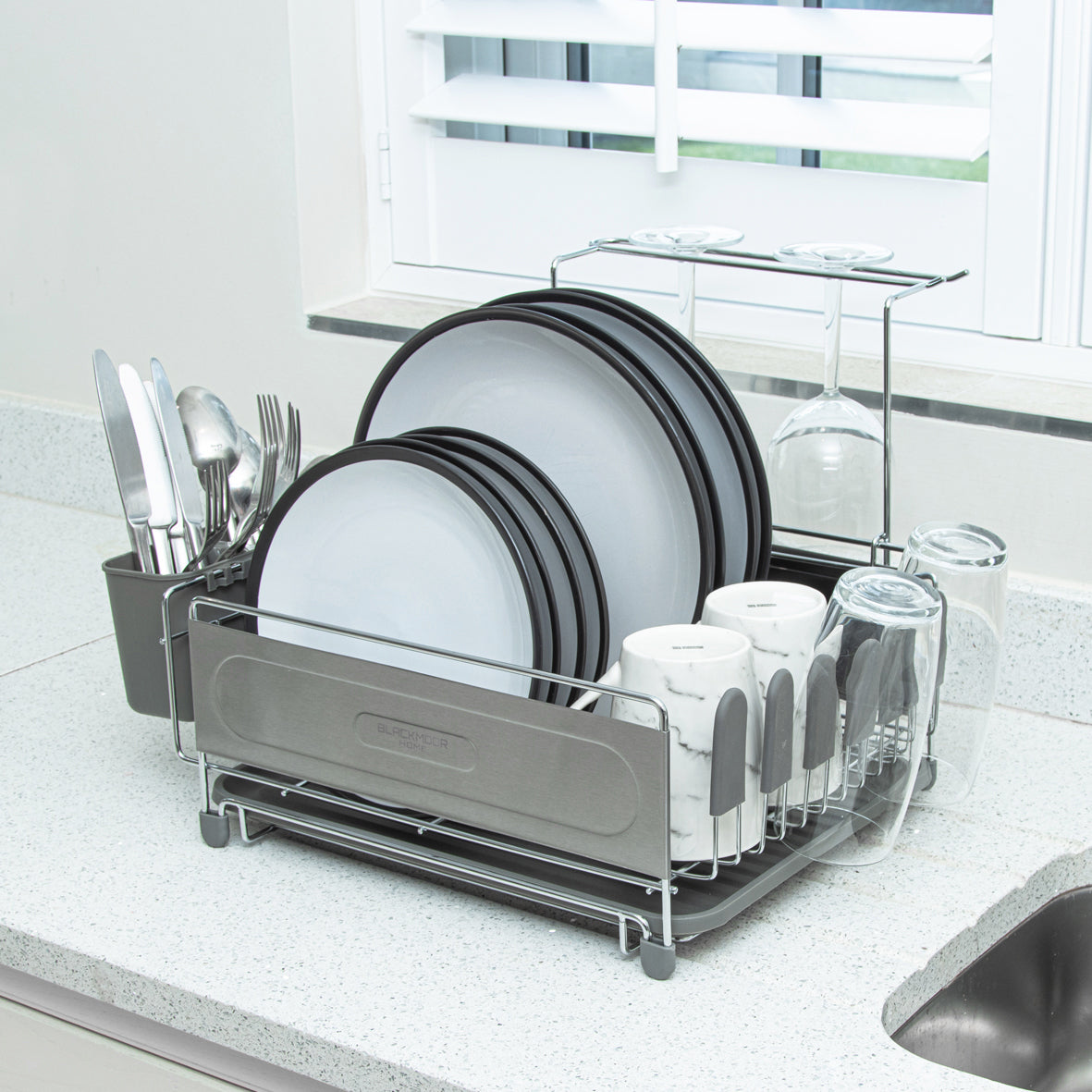Stainless Steel Dish Drainer with Grey Cutlery Holder & Drip Tray