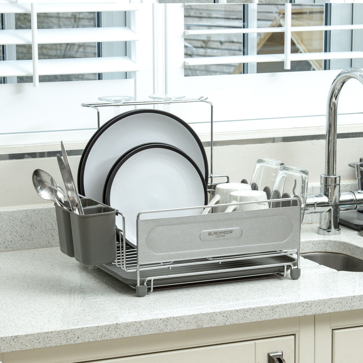Stainless Steel Dish Drainer with Grey Cutlery Holder & Drip Tray