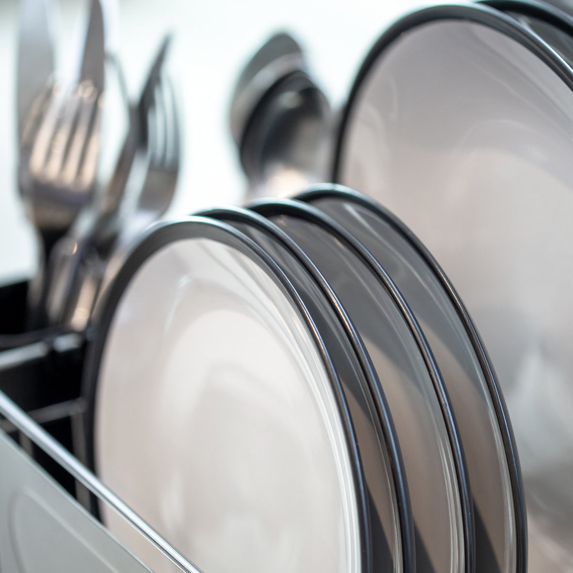 Stainless Steel Dish Drainer with Grey Cutlery Holder & Drip Tray