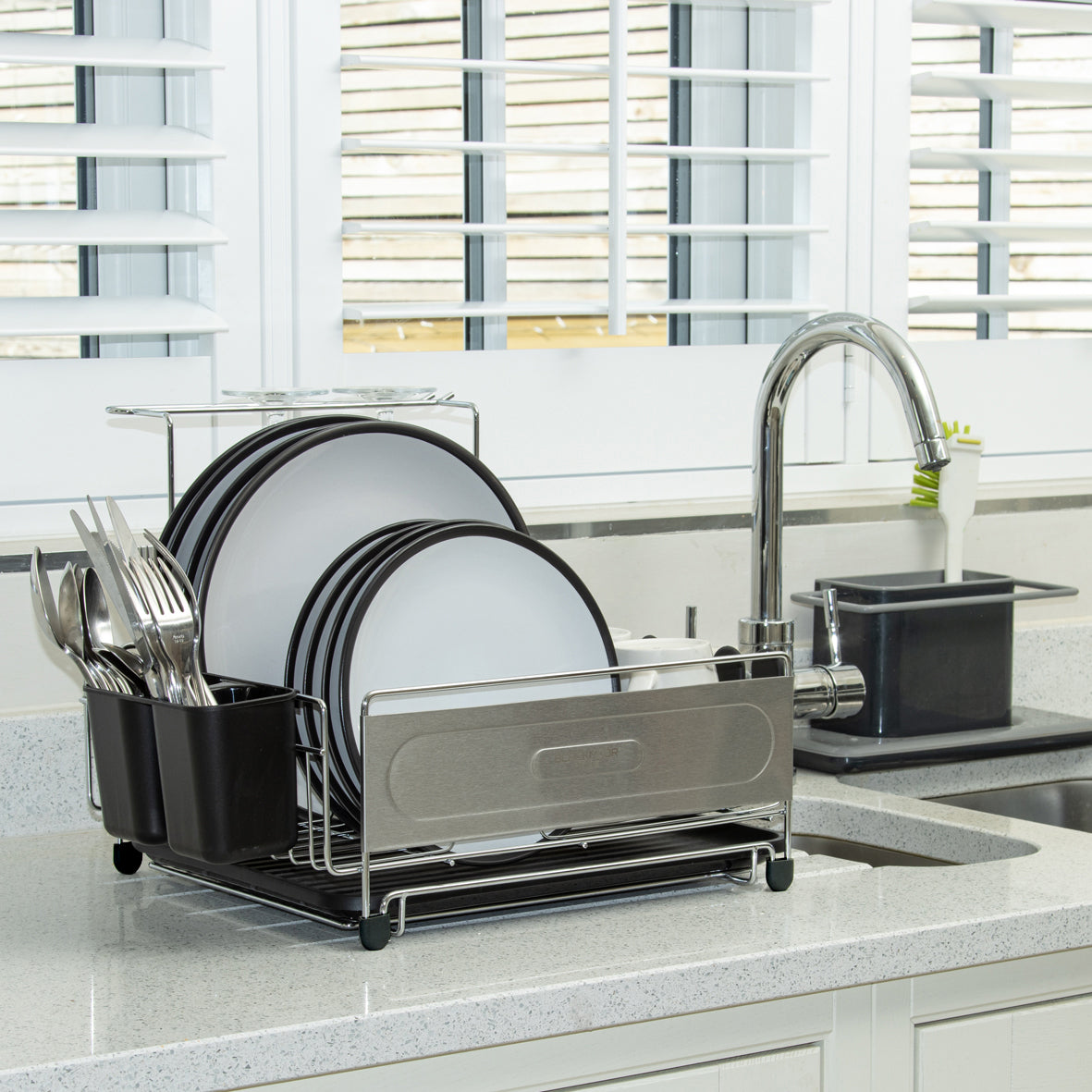 Stainless Steel Dish Drainer with Black Cutlery Holder & Drip Tray