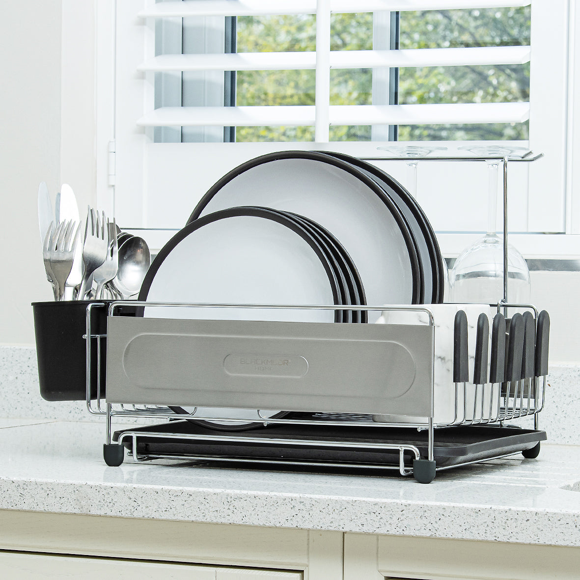 Stainless Steel Dish Drainer with Black Cutlery Holder & Drip Tray