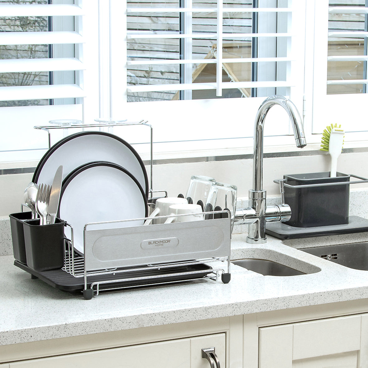 Stainless Steel Dish Drainer with Black Cutlery Holder & Drip Tray