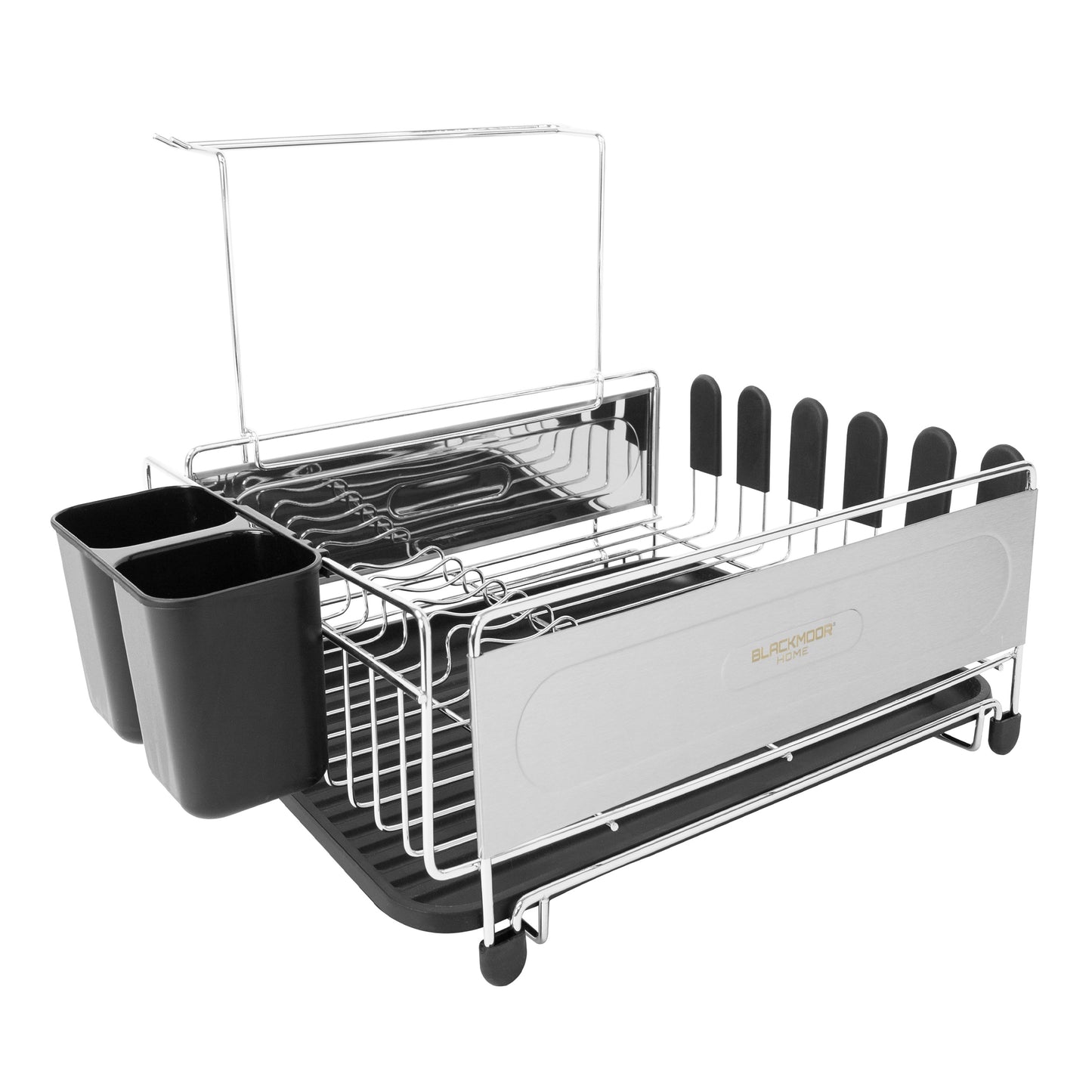 Stainless Steel Dish Drainer with Black Cutlery Holder & Drip Tray