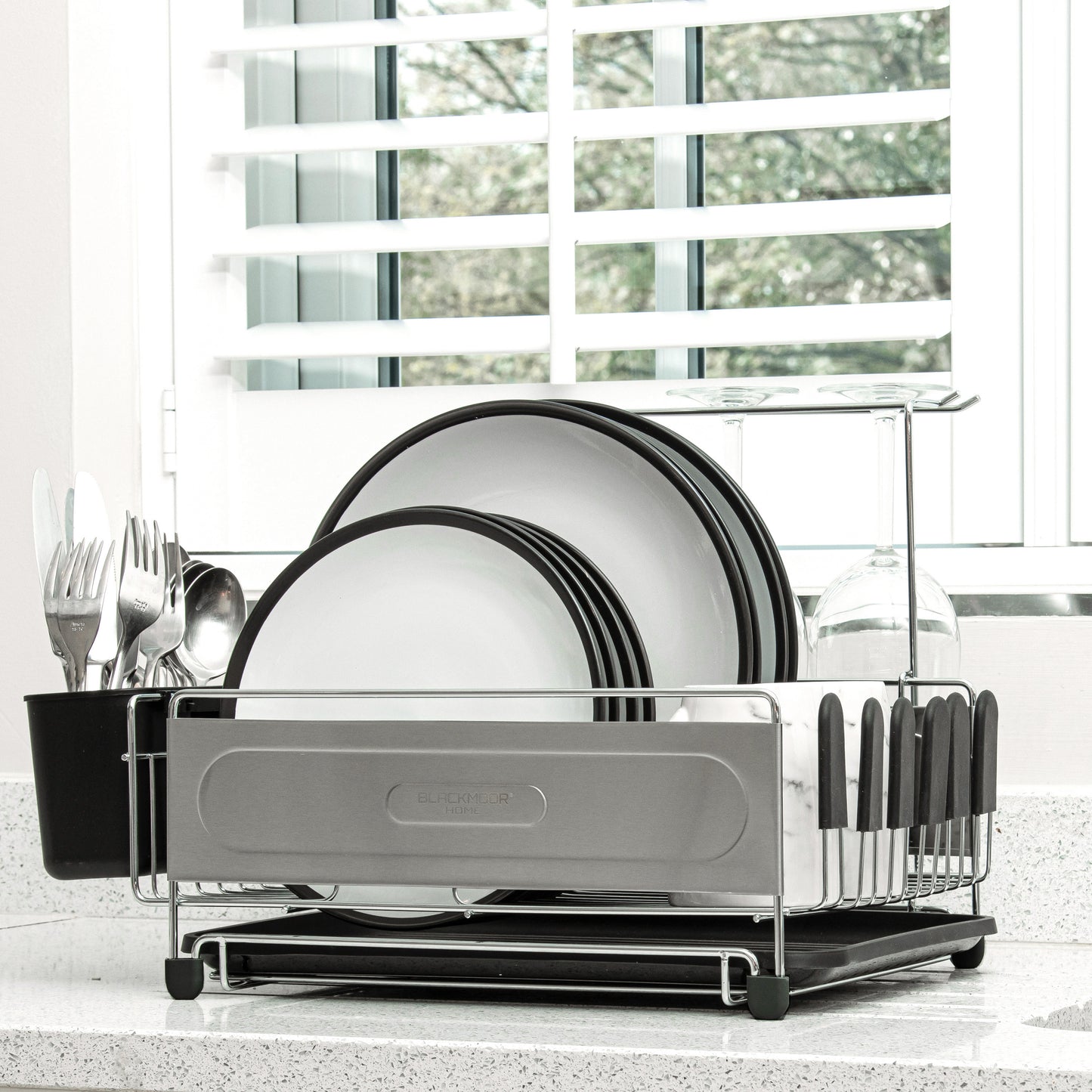 Stainless Steel Dish Drainer with Black Cutlery Holder & Drip Tray