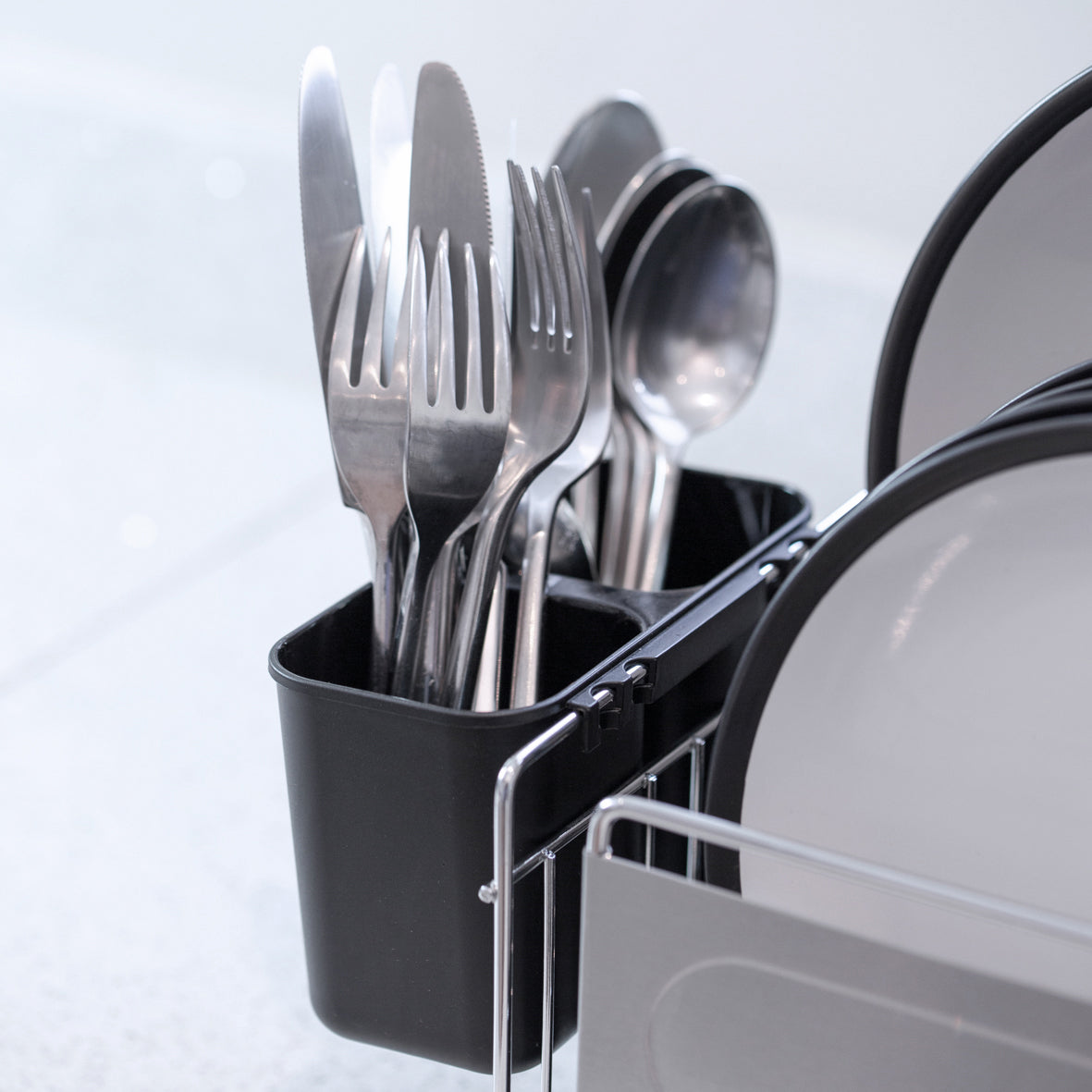 Stainless Steel Dish Drainer with Grey Cutlery Holder & Drip Tray