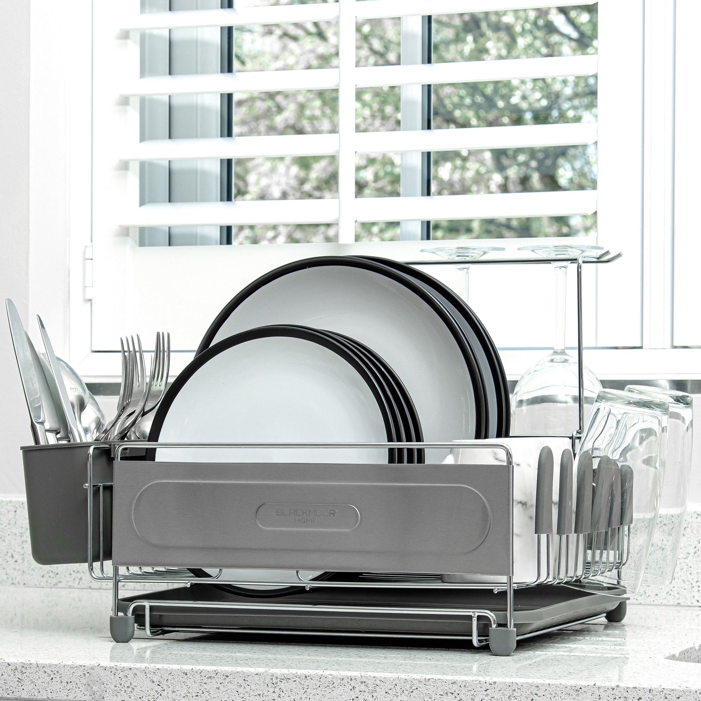 Stainless Steel Dish Drainer with Grey Cutlery Holder & Drip Tray