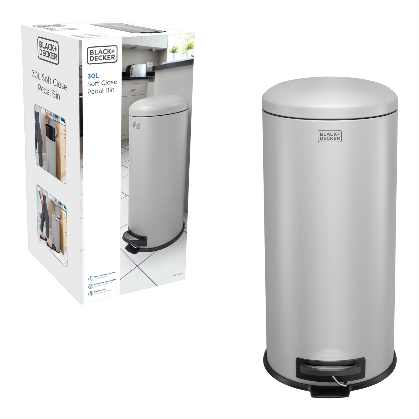 30L Grey Domed Lid Pedal Bin, by BLACK + DECKER