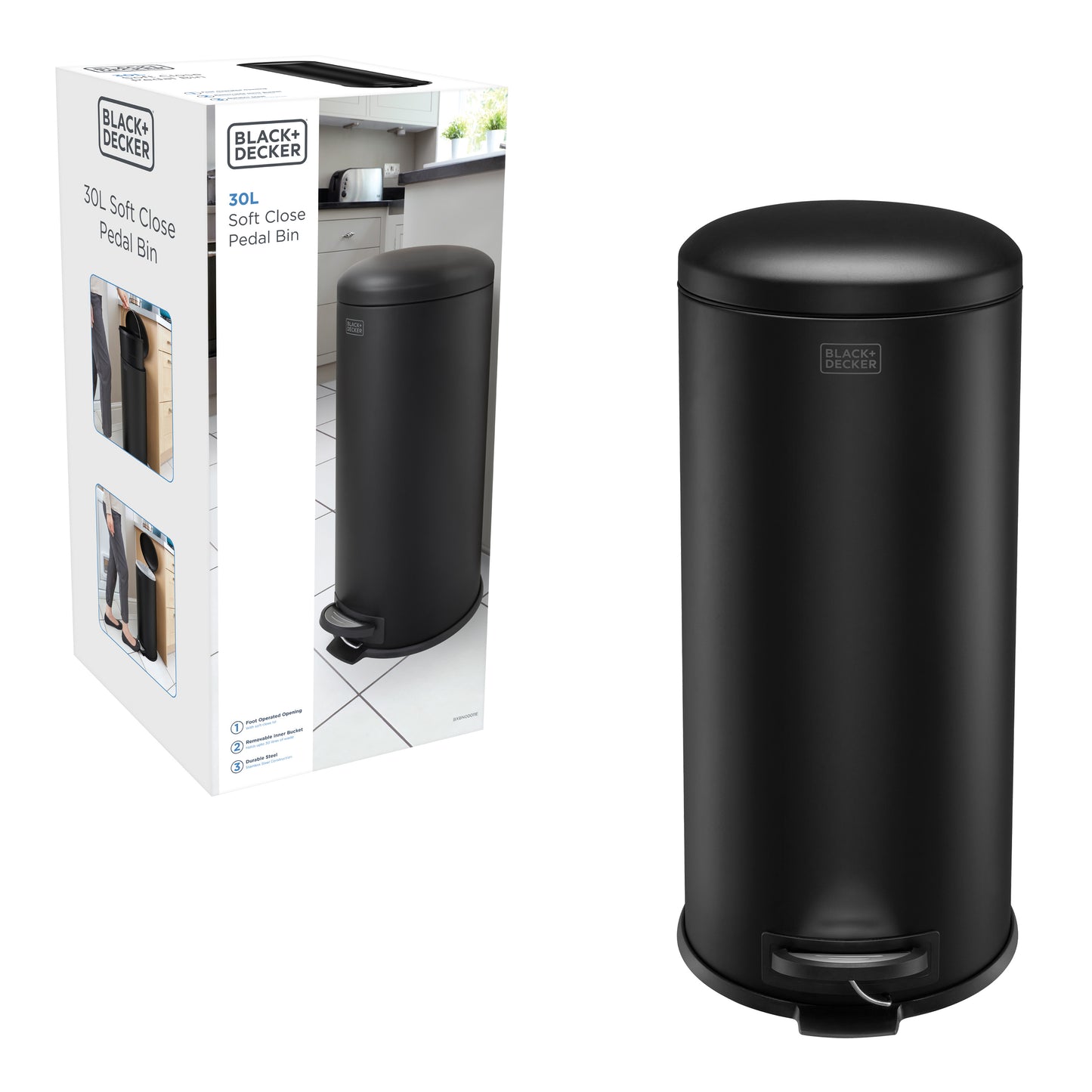 30L Matt Black Domed Lid Pedal Bin, by BLACK + DECKER