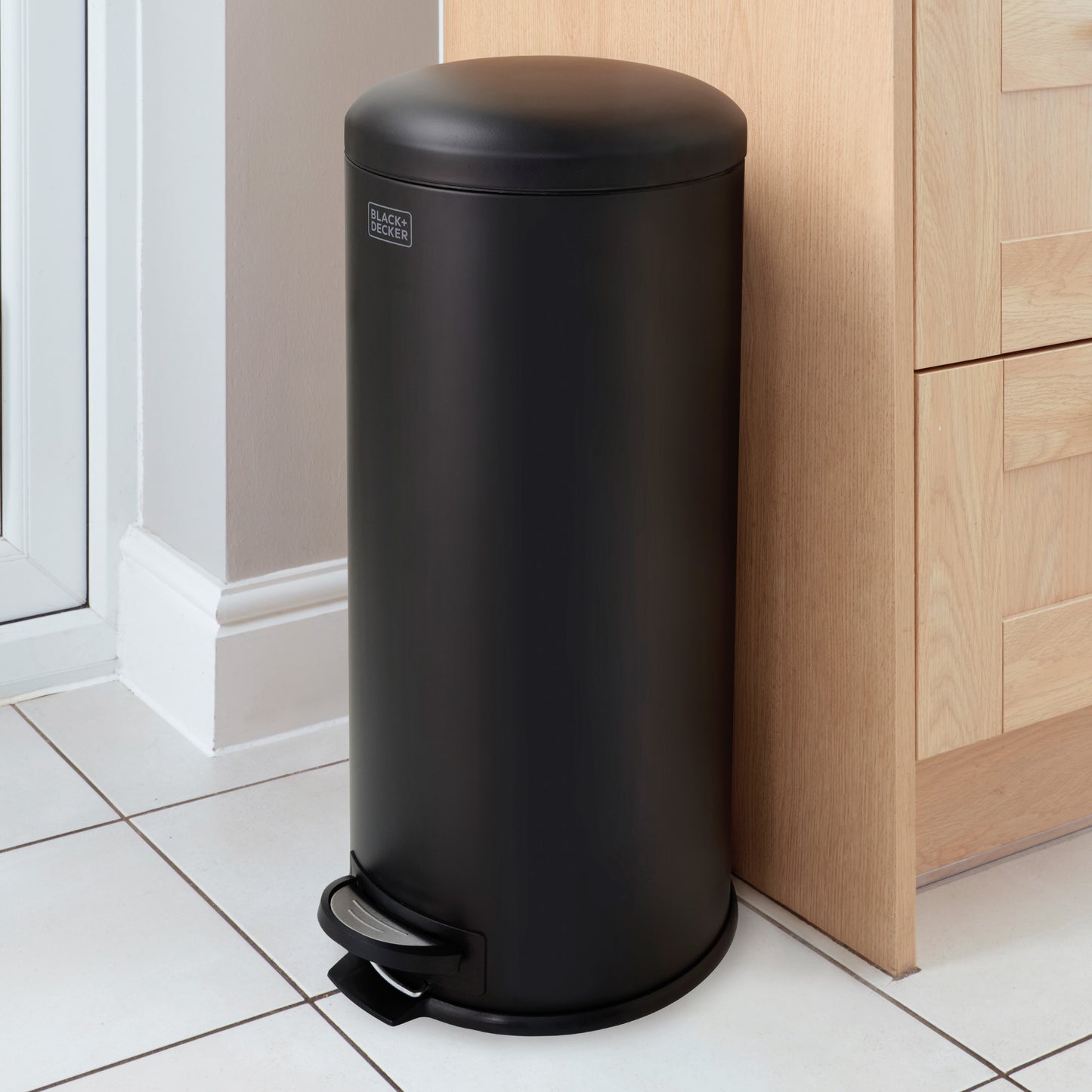 30L Matt Black Domed Lid Pedal Bin, by BLACK + DECKER