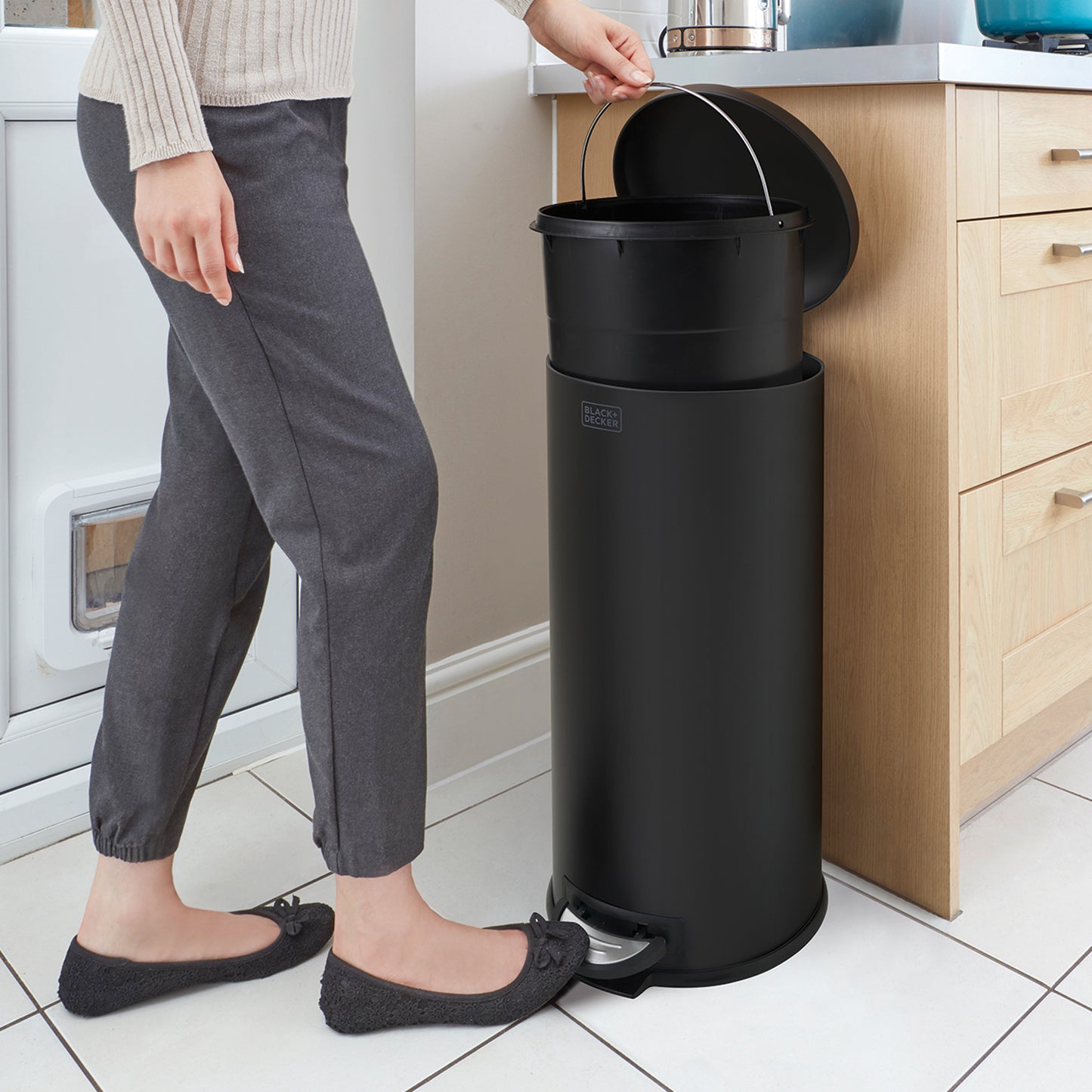 30L Matt Black Domed Lid Pedal Bin, by BLACK + DECKER