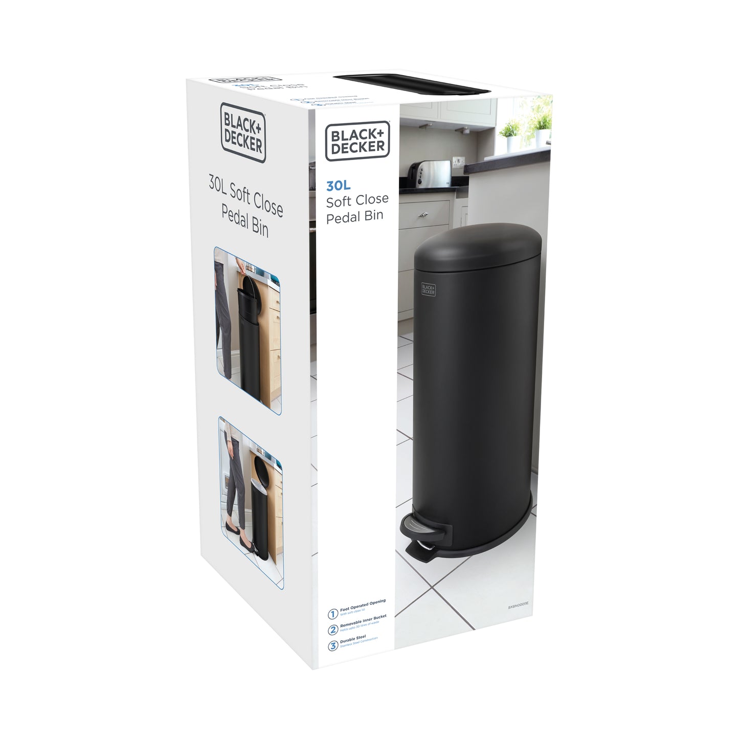 30L Matt Black Domed Lid Pedal Bin, by BLACK + DECKER