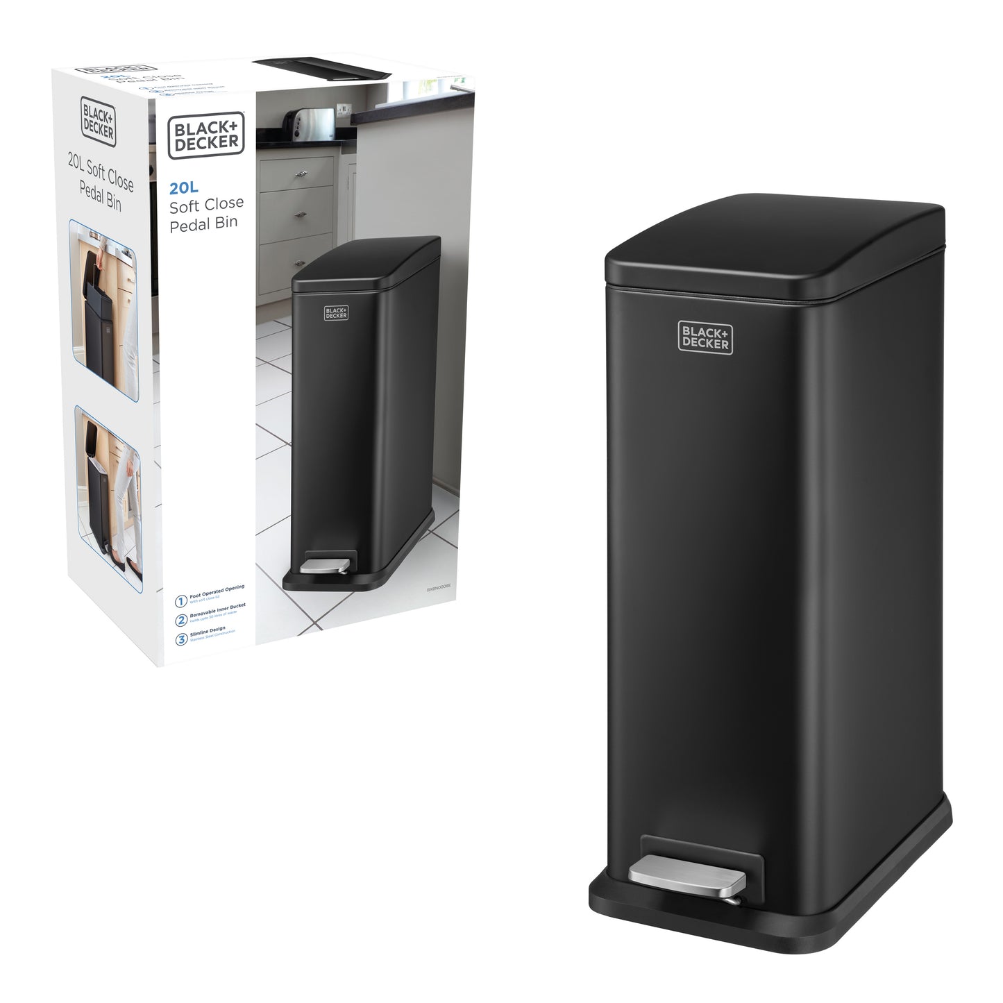 20L Matt Black Slimline Pedal Bin with Soft Close Lid, by BLACK + DECKER