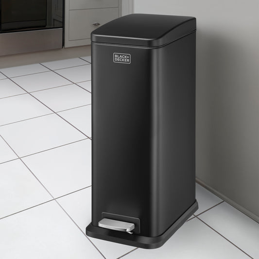 20L Matt Black Slimline Pedal Bin with Soft Close Lid, by BLACK + DECKER