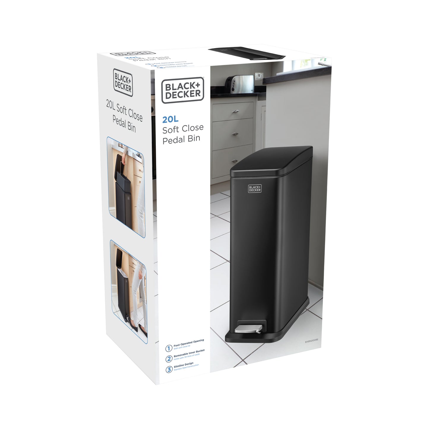 20L Matt Black Slimline Pedal Bin with Soft Close Lid, by BLACK + DECKER