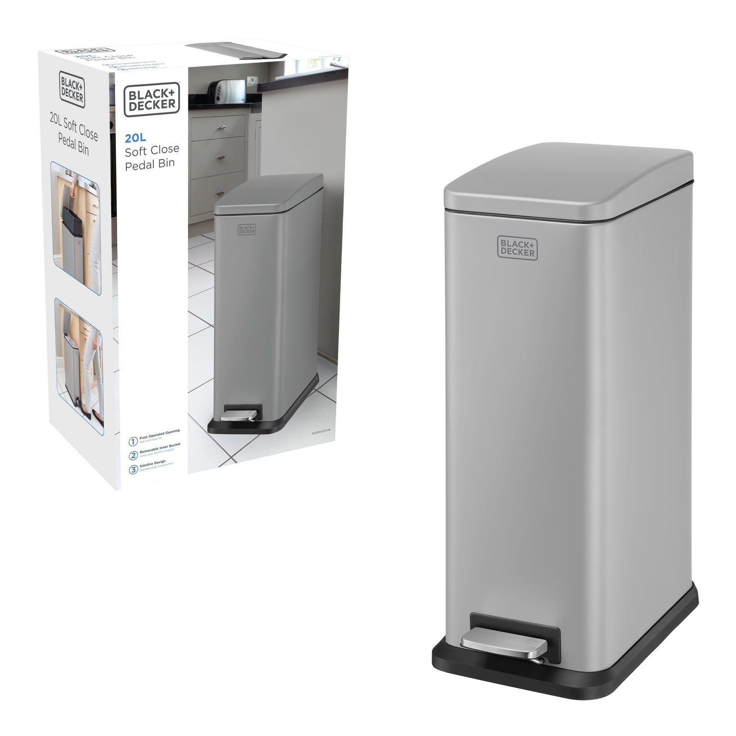 20L Grey Slimline Pedal Bin with Soft Close Lid, by BLACK + DECKER