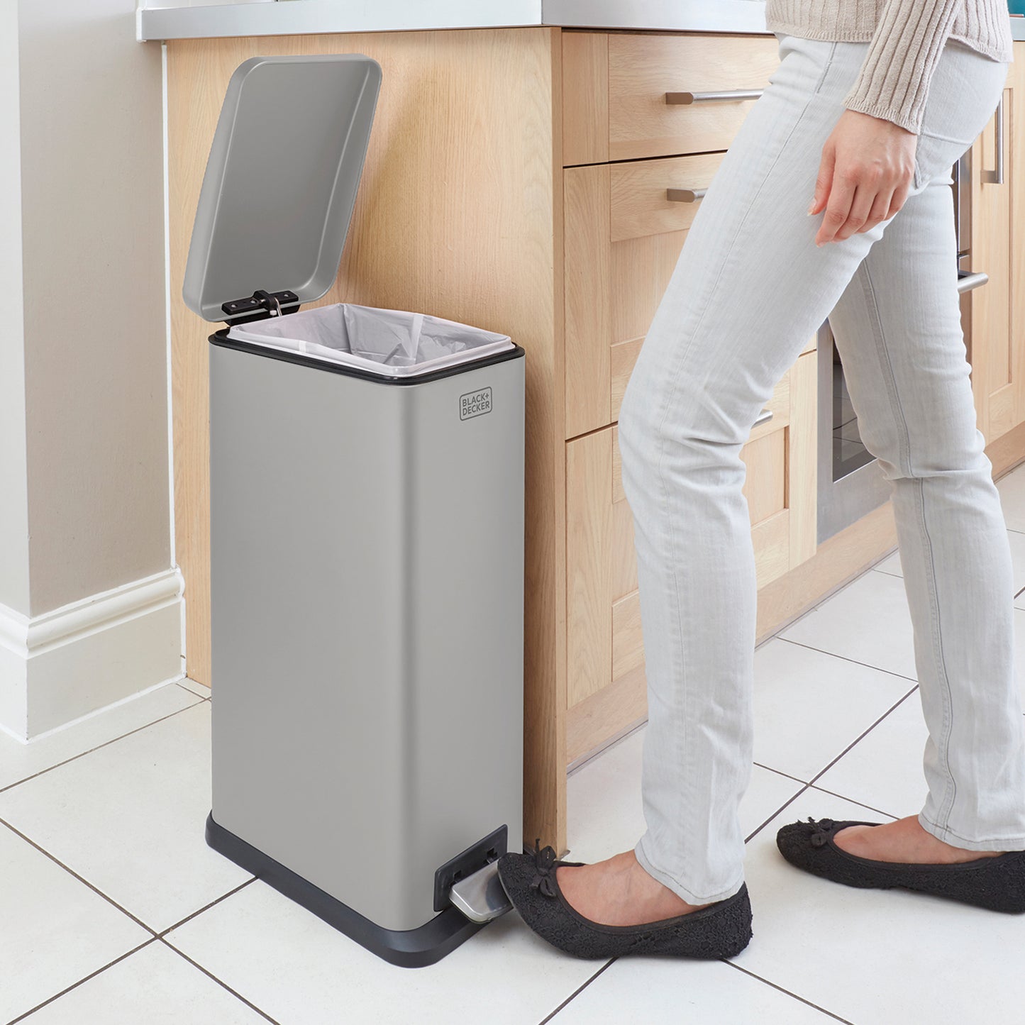 20L Grey Slimline Pedal Bin with Soft Close Lid, by BLACK + DECKER