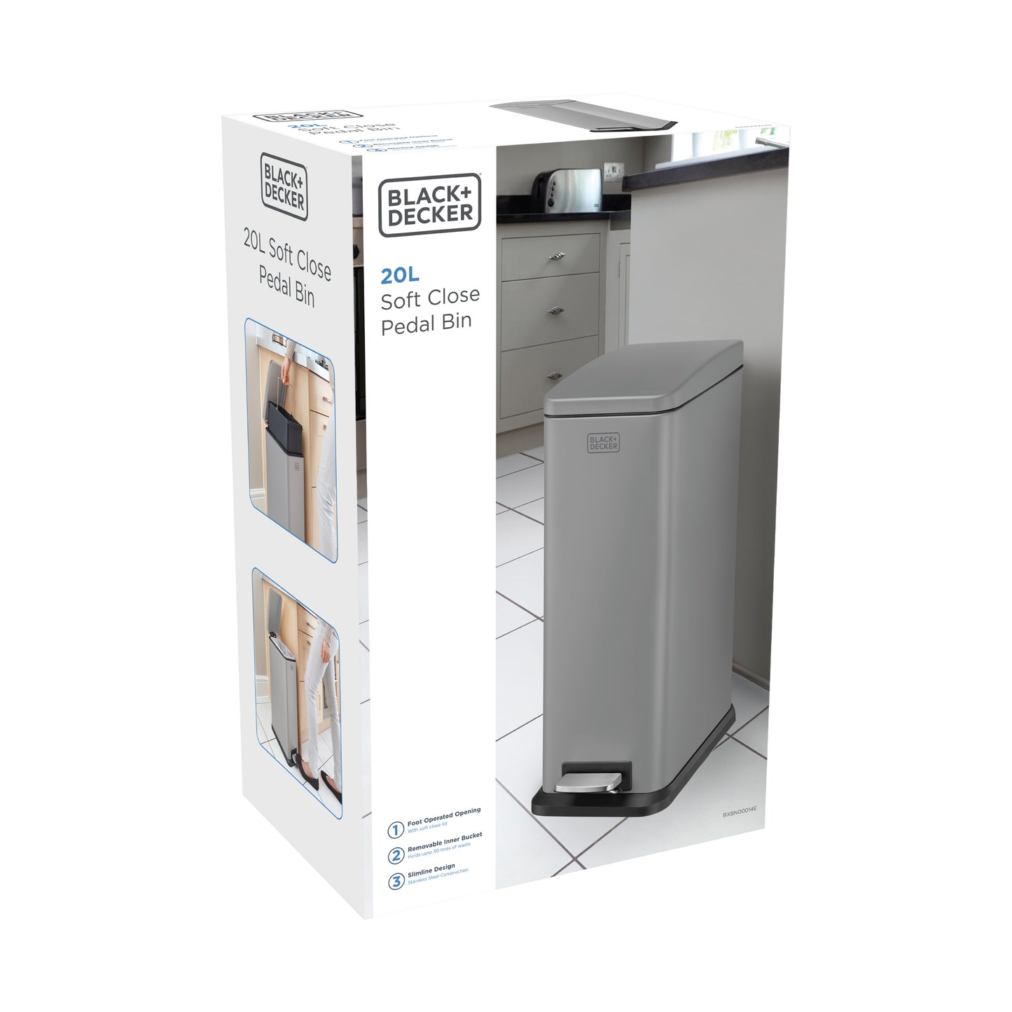 20L Grey Slimline Pedal Bin with Soft Close Lid, by BLACK + DECKER