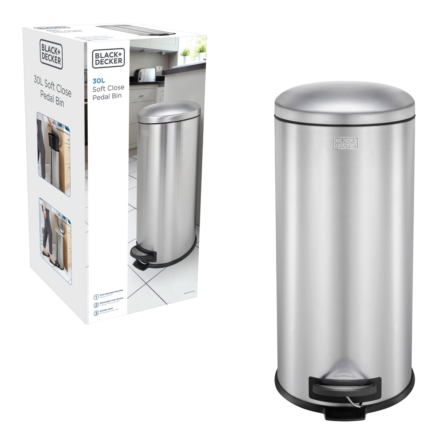 30L Stainless Steel Domed Lid Pedal Bin, by BLACK + DECKER