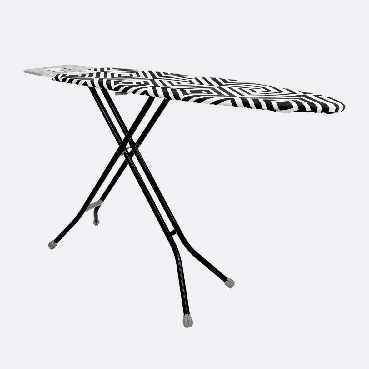Black and white patterned ironing board on a stand against a white background