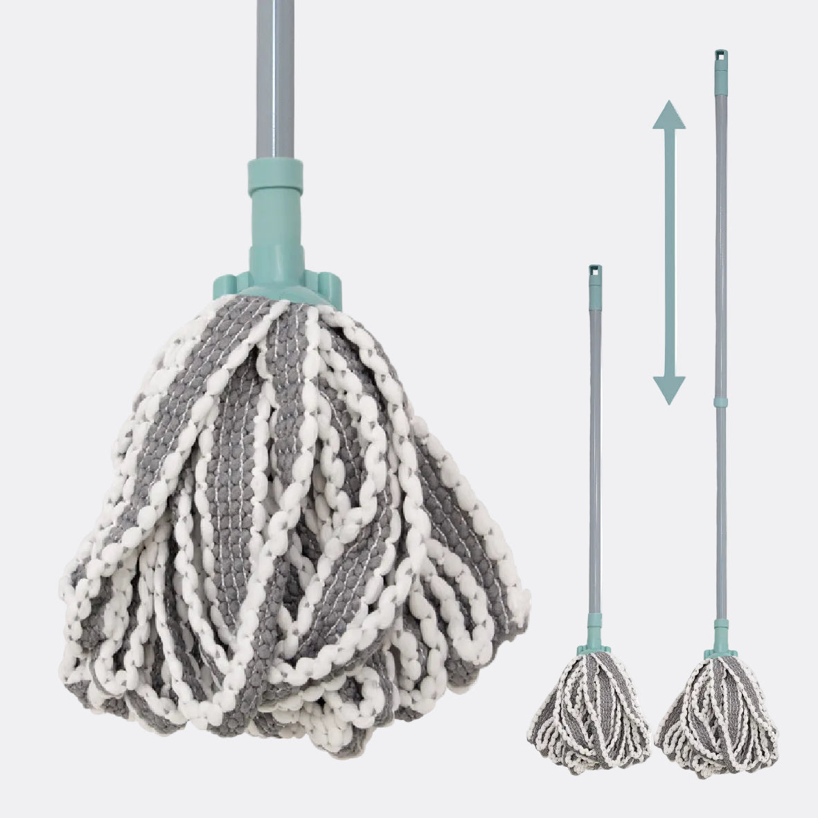 Gray and white mop with extendable handle on a white background