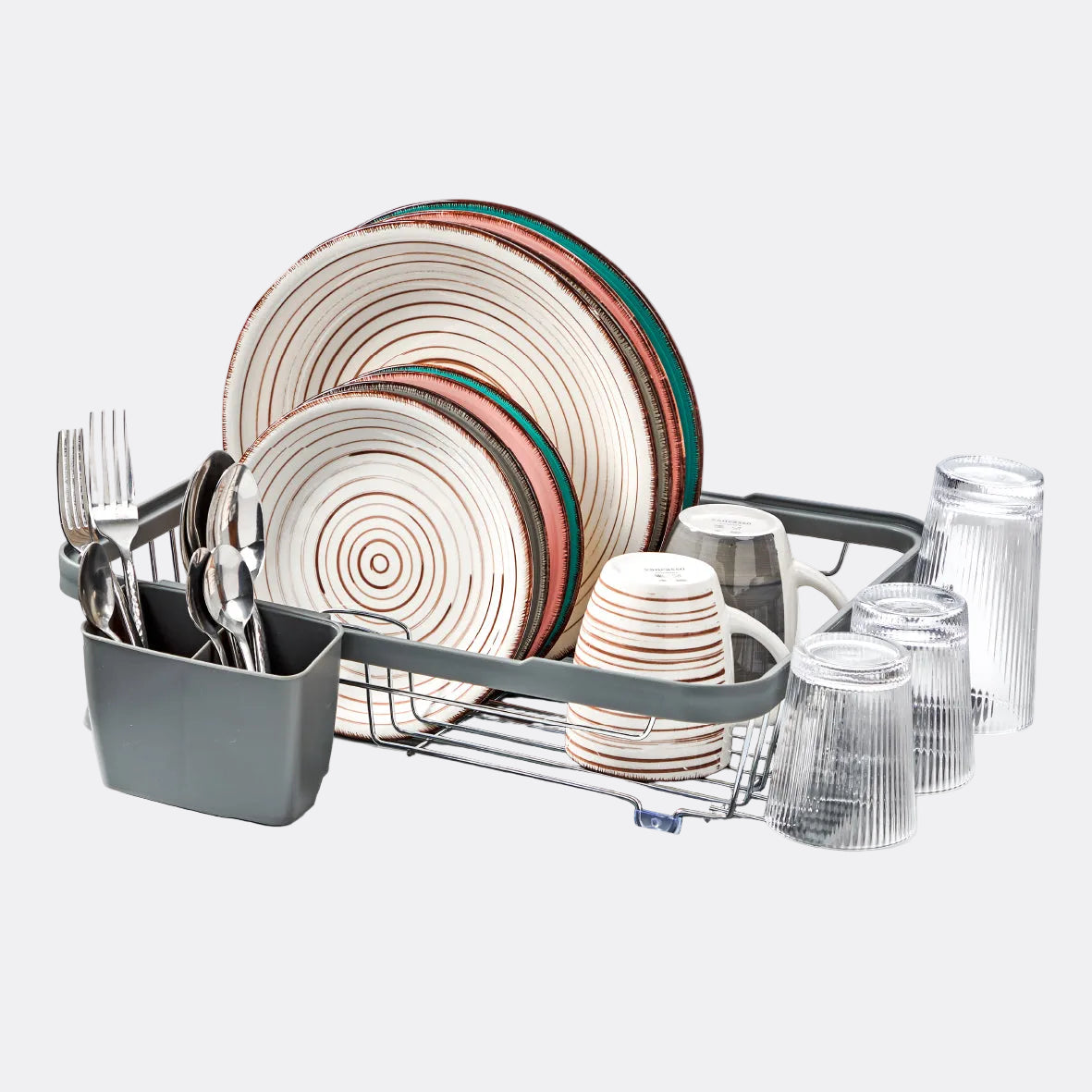 Dish rack with plates, cups, and glasses on a white background