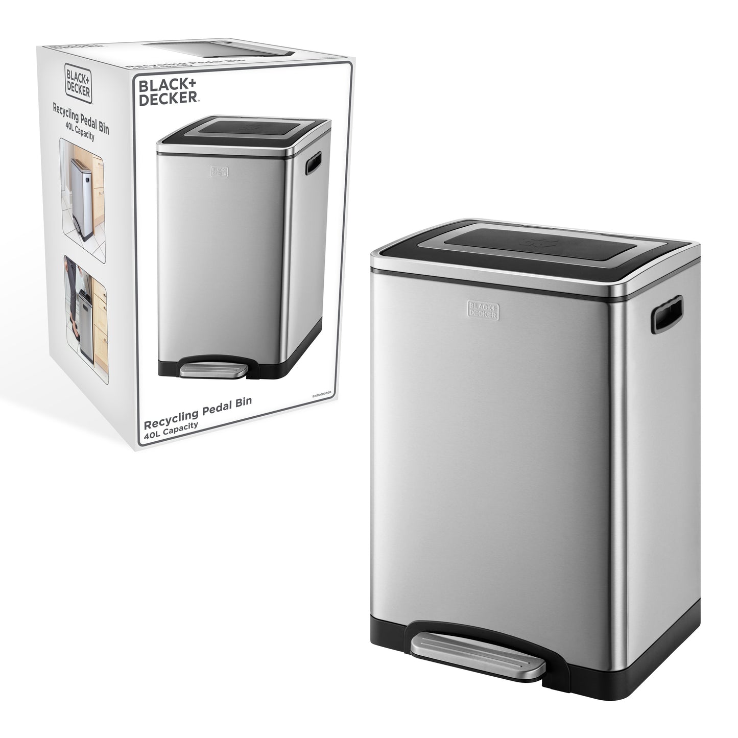 40L Stainless Steel Duo Recycling Bin with Soft Close Lid, by BLACK + DECKER