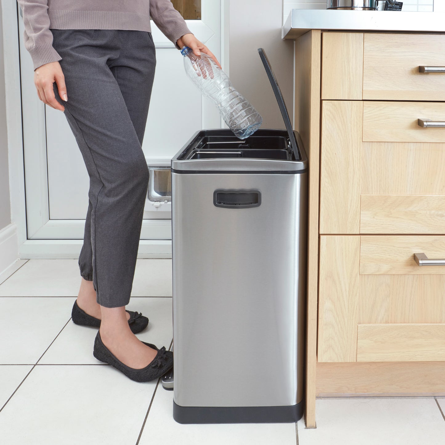 40L Stainless Steel Duo Recycling Bin with Soft Close Lid, by BLACK + DECKER