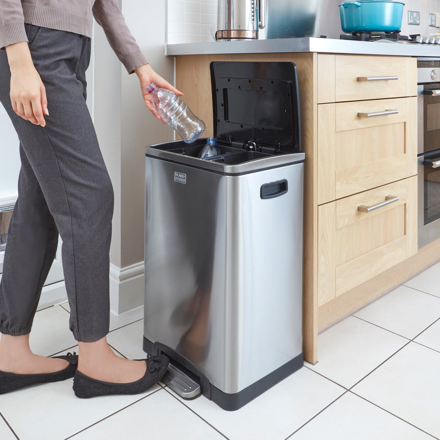 40L Stainless Steel Duo Recycling Bin with Soft Close Lid, by BLACK + DECKER