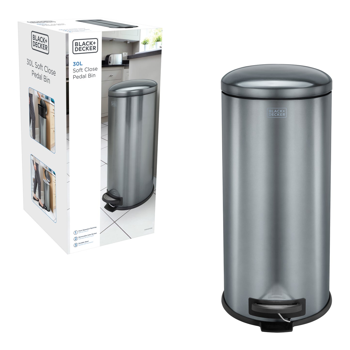 30L Metallic Black Domed Lid Pedal Bin, by BLACK + DECKER