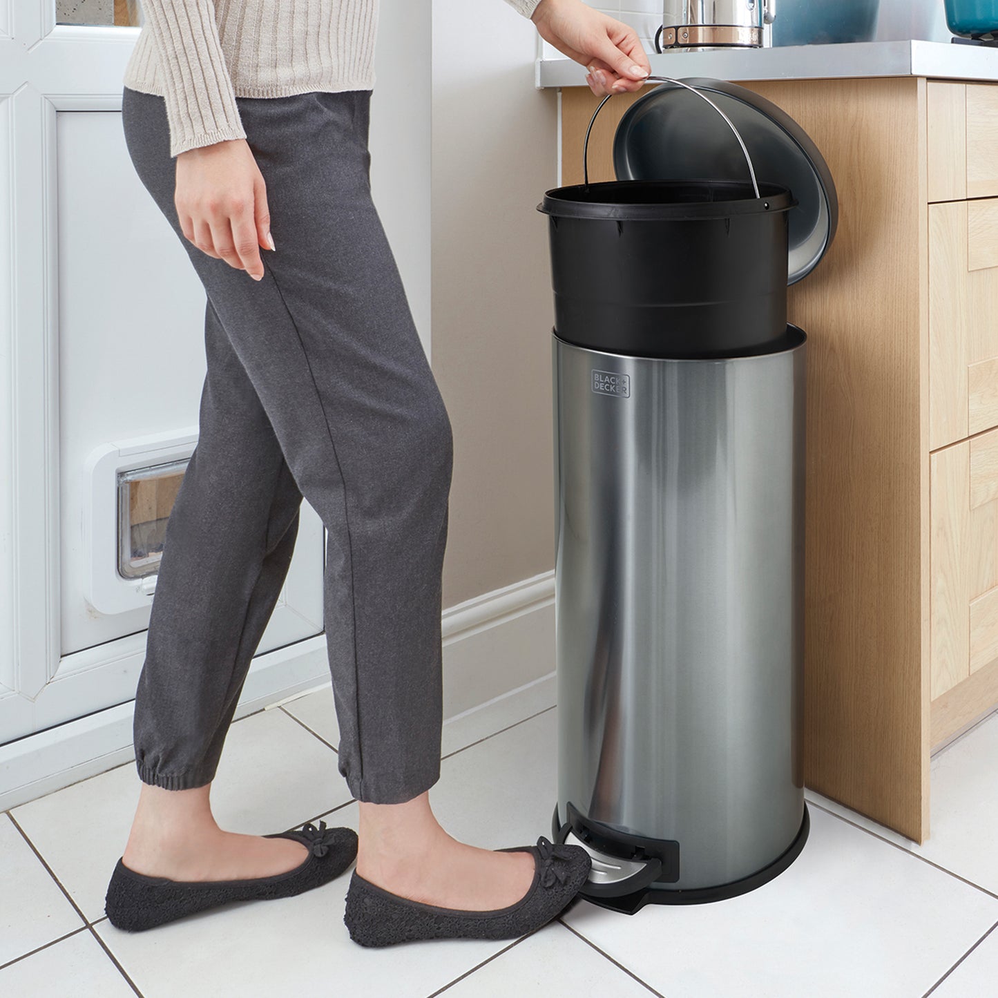 30L Metallic Black Domed Lid Pedal Bin, by BLACK + DECKER