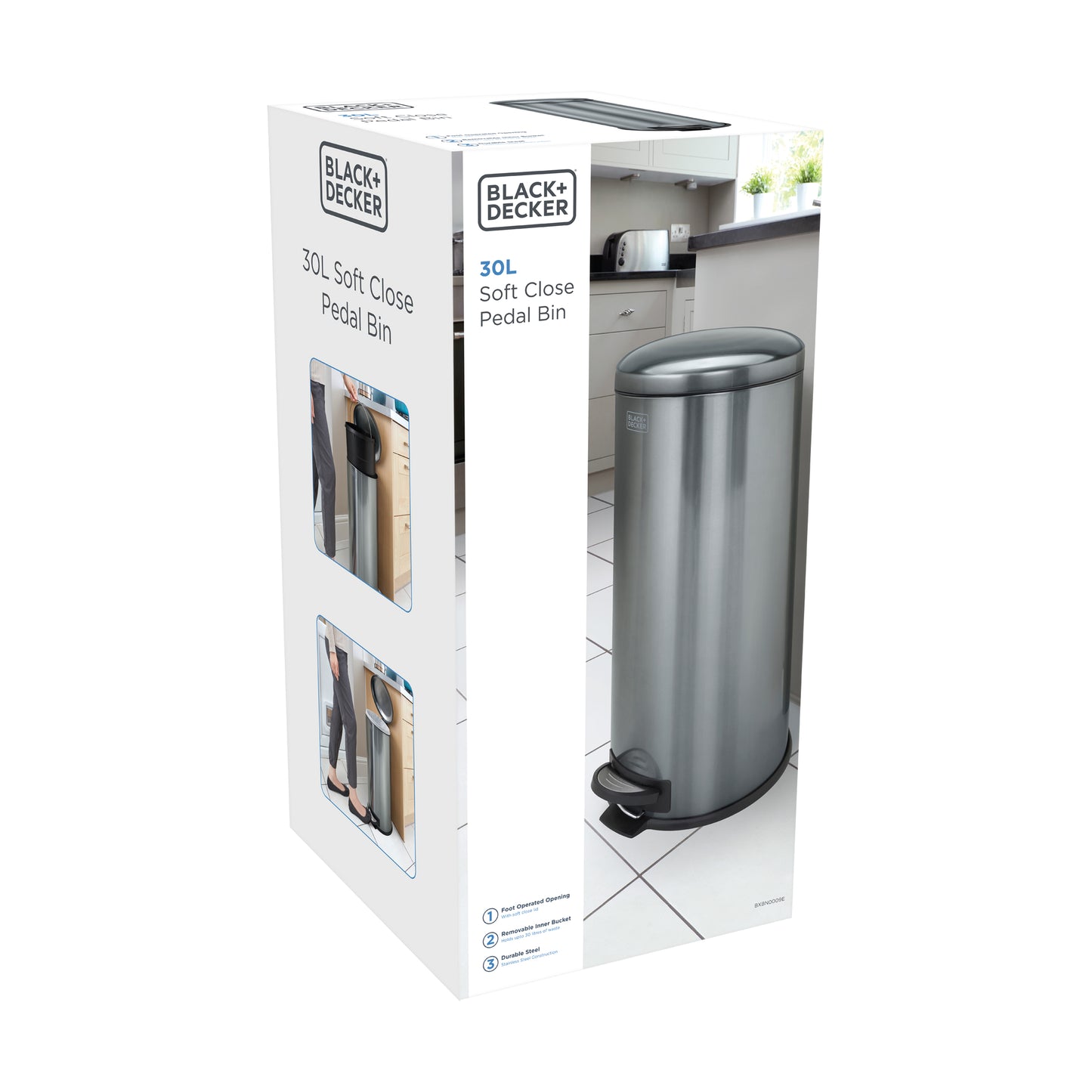 30L Metallic Black Domed Lid Pedal Bin, by BLACK + DECKER