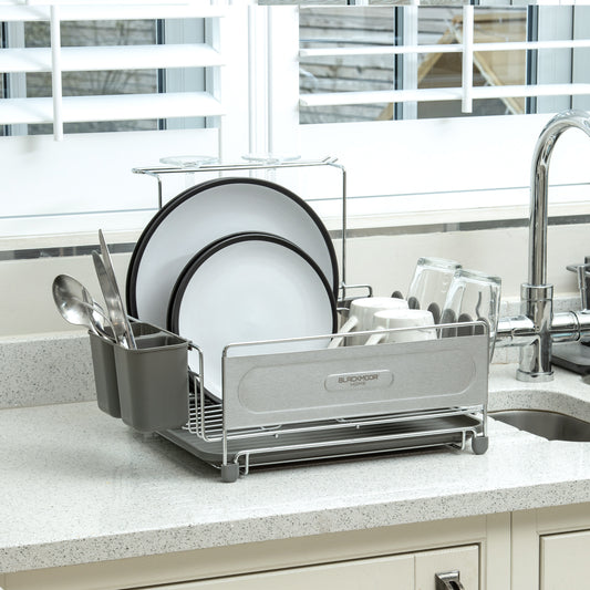 Stainless Steel Dish Drainer with Grey Cutlery Holder & Drip Tray