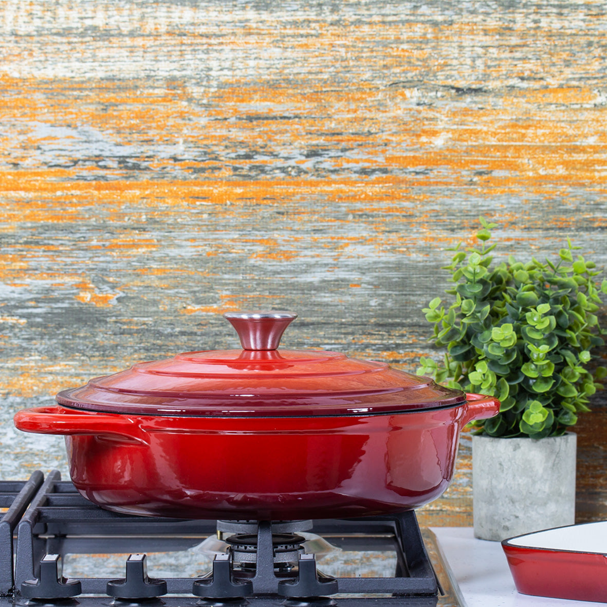 28cm Red Cast Iron Shallow Casserole Dish With Lid