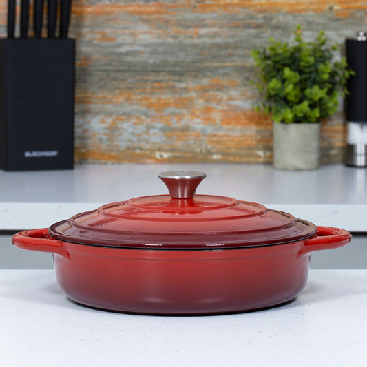 28cm Red Cast Iron Shallow Casserole Dish With Lid