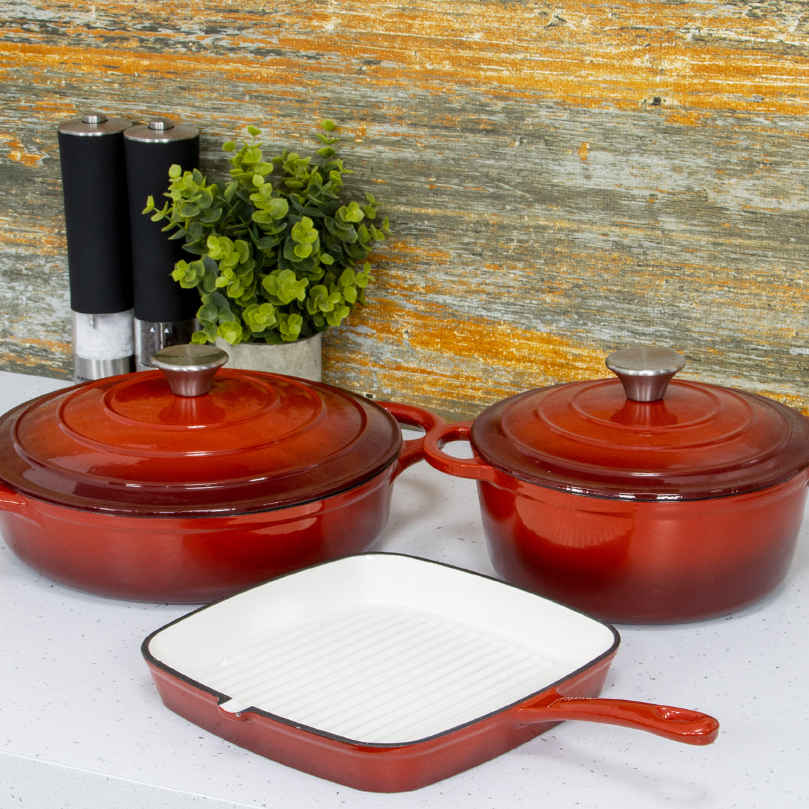 28cm Red Cast Iron Shallow Casserole Dish With Lid